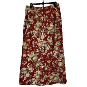 Vintage Cherry Red Skirt Floral Maxi Button Front Orvis Linen Blend NEW 12 USA